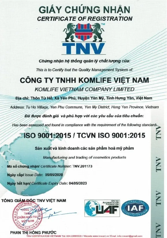 Giấy chứng nhận ISO 9001:2015 / TCVN ISO 9001:2015 của Komlife